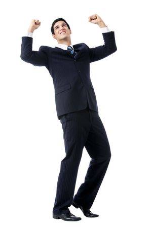 Very happy successful gesturing businessman, isolated on whiteの写真素材