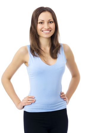 Portrait of woman in sportswear, isolated on whiteの写真素材