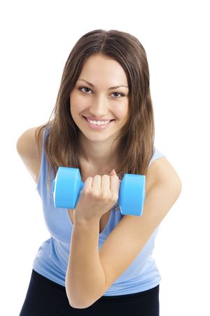 Young woman in sportswear with dumbbell, isolated on whiteの写真素材