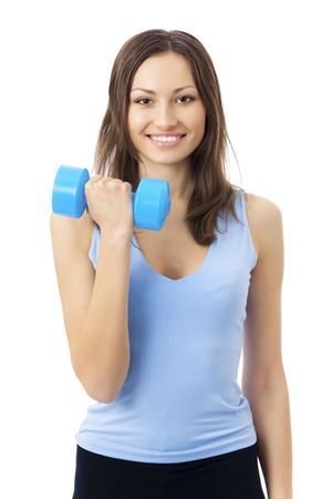 Young woman in sportswear with dumbbell, isolated on whiteの写真素材