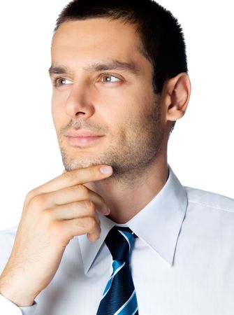 Portrait of thinking businessman, isolated on whiteの写真素材