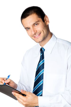 Portrait of smiling businessman writing, isolated on whiteの写真素材