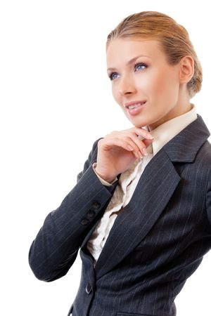Portrait of thinking businesswoman, isolated on whiteの写真素材