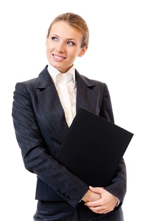 Businesswoman with folder, isolated on whiteの写真素材
