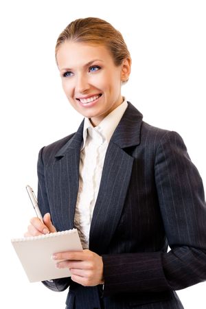 Businesswoman writing, isolated on whiteの写真素材
