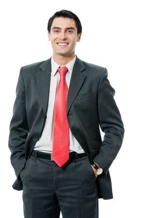 Portrait of happy smiling successful businessman, isolated on white backgroundの写真素材