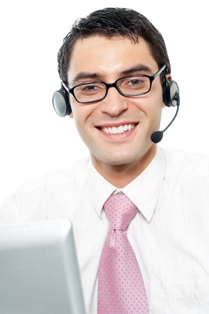 Cheerful support phone operator in headset at workplace, isolated on white backgroundの写真素材