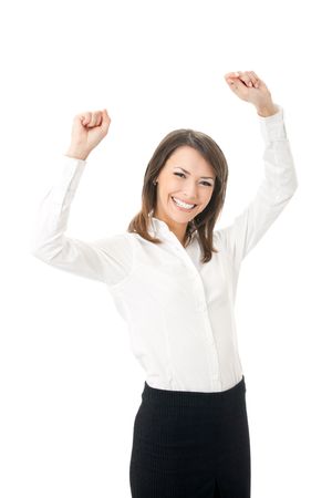 Happy smiling gesturing businesswoman, isolated on white backgroundの写真素材