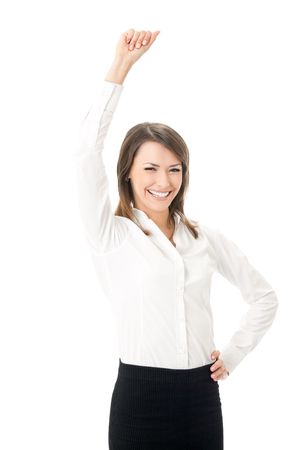 Happy smiling gesturing businesswoman, isolated on white backgroundの写真素材