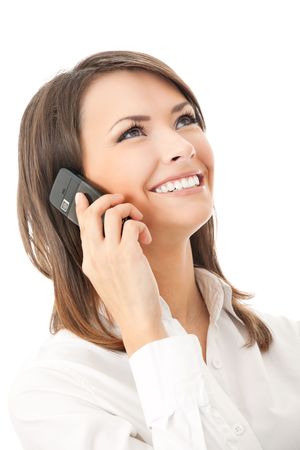 Happy smiling successful businesswoman with cell phone, isolated on white backgroundの写真素材