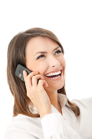 Happy smiling successful businesswoman with cell phone, isolated on white backgroundの写真素材