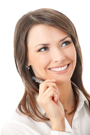 Portrait of happy smiling businesswoman with pen, isolated on white backgroundの写真素材