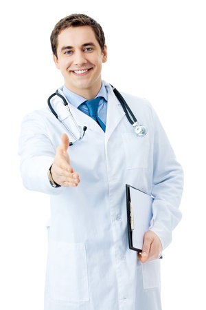 Happy smiling cheerful doctor giving hand for handshaking, isolated on white backgroundの写真素材