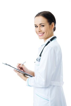 Happy smiling female doctor writing on clipboard, isolated on white backgroundの写真素材