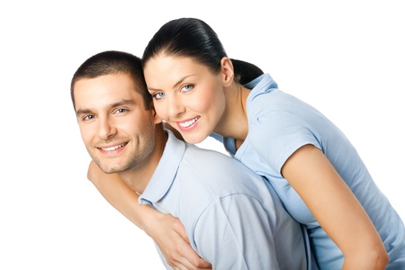 Portrait of young happy smiling attractive couple, isolated on white backgroundの写真素材