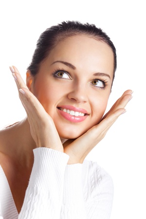 Portrait of young happy smiling woman, isolated on white backgroundの写真素材