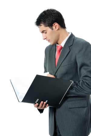 Portrait of happy smiling businessman with folder, isolated on white backgroundの写真素材