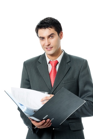Portrait of happy smiling businessman with folder, isolated on white backgroundの写真素材