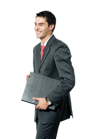 Portrait of happy smiling businessman with folder, isolated on white backgroundの写真素材