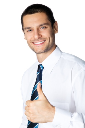 Happy smiling businessman with thumbs up gesture, isolated on white backgroundの写真素材
