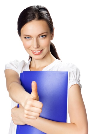 Happy smiling young businesswoman with thumbs up gesture, isolated on white backgroundの写真素材