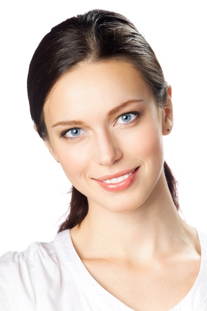 Portrait of young happy smiling businesswoman, isolated on white backgroundの写真素材