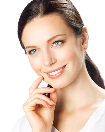 Portrait of young happy smiling businesswoman, isolated on white backgroundの写真素材