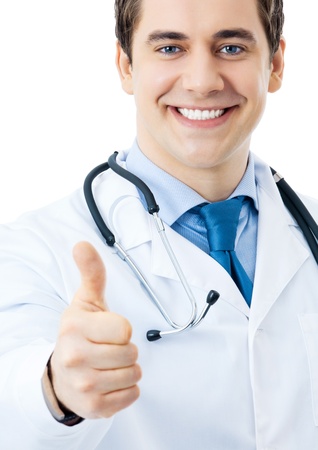 Happy smiling doctor with thumbs up gesture, isolated on white backgroundの写真素材