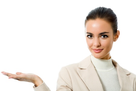 Photo of showing businesswoman, isolated on whiteの写真素材