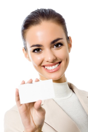 Happy smiling business woman with blank business card, isolated on white backroundの写真素材