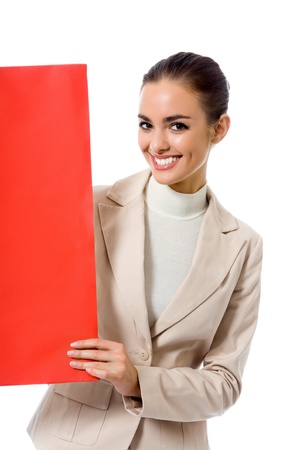 Happy young business woman showing blank red signboard, isolated on white backgroundの写真素材