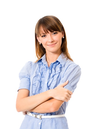 Portrait of happy smiling business woman, isolated on white backgroundの写真素材