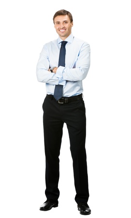 Full body portrait of happy smiling young business man, isolated on white backgroundの写真素材