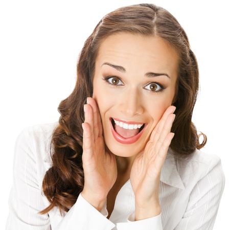 Portrait of young happy smiling surprised business woman, isolated on white backgroundの写真素材