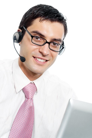 Portrait of happy smiling cheerful support phone operator in headset, isolated over white backgroundの写真素材