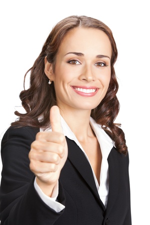 Happy smiling business woman showing thumbs up gesture, isolated on white backgroundの写真素材