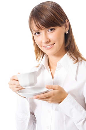 Portrait of happy smiling business woman drinking coffee, isolated over white backgroundの写真素材
