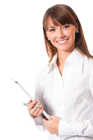 Portrait of happy smiling business woman with blue folder, isolated over white backgroundの写真素材