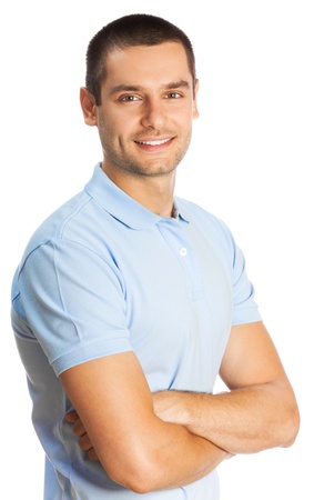 Cheerful young man, isolated over white backgroundの写真素材