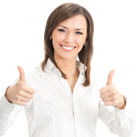 Happy smiling businesswoman with thumbs up gesture, isolated on white backgroundの写真素材