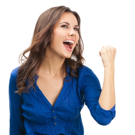 Happy gesturing young cheerful smiling business woman , isolated over white backgroundの写真素材