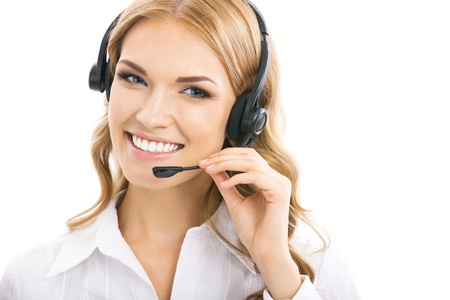 Portrait of happy smiling cheerful beautiful young support phone operator in headset, isolated over white backgroundの写真素材