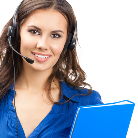 Portrait of happy smiling cheerful beautiful young support phone operator in headset with blue folderの写真素材