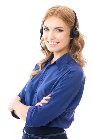 Portrait of happy smiling cheerful beautiful young support phone operator in headset, isolated over white backgroundの写真素材