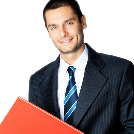 Portrait of happy smiling businessman with red folder, isolated on white backgroundの写真素材