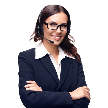 Portrait of smiling customer support phone operator in glasses, isolated against white backgroundの写真素材