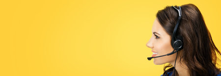Call center servise. Customer support phone sales female operator in headset with emty copy space...