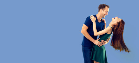 Love, relationship, dating, flirting, lovers, romantic concept - full body portrait of hugging or...