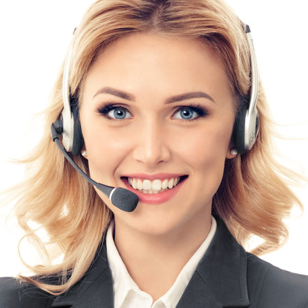 Call center. Smiling support phone operator in headset, isolated against white background. Caucasian...