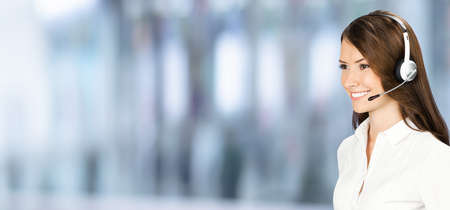 Call Center Service. Profile face portrait image of customer support or answer worker, sales agent. Caller, receptionist phone female operator. Helpline answering and telemarketing. Copy space area.の写真素材